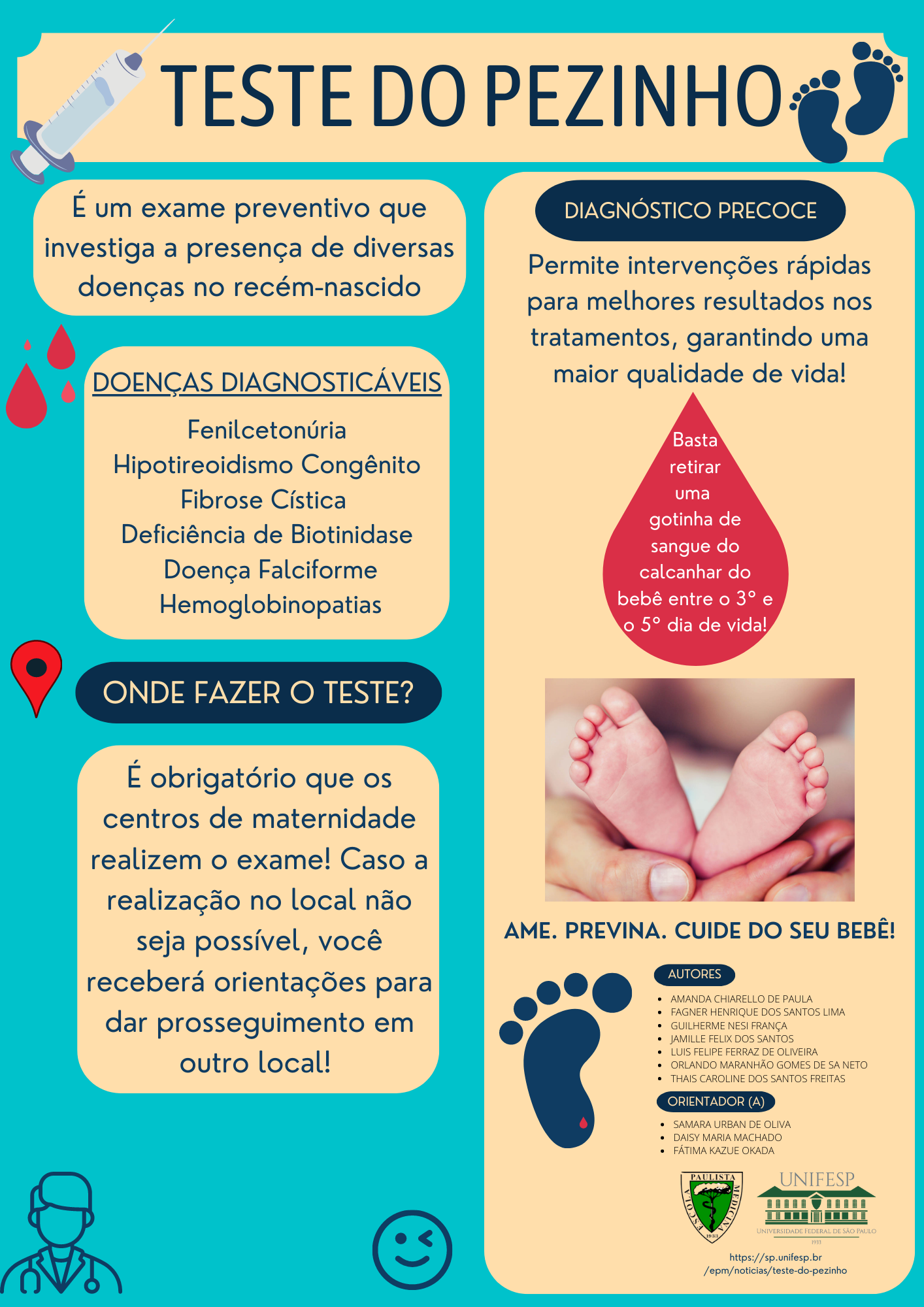 Panfleto sobre saúde geral com orientações e segurança com ilustração de clínica amigável em azul e verde